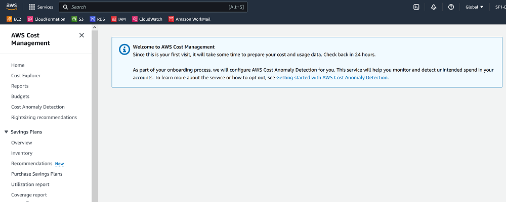 AWS Console enable cost explorer welcome screen. 